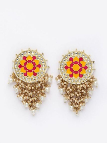 Mandala Pattern Floral Pink and Yellow Meenakari Drop Earrings for Womens