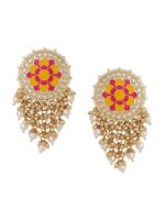 Flower Pattern Yellow and Pink Meenakari Drop Earrings for Womens