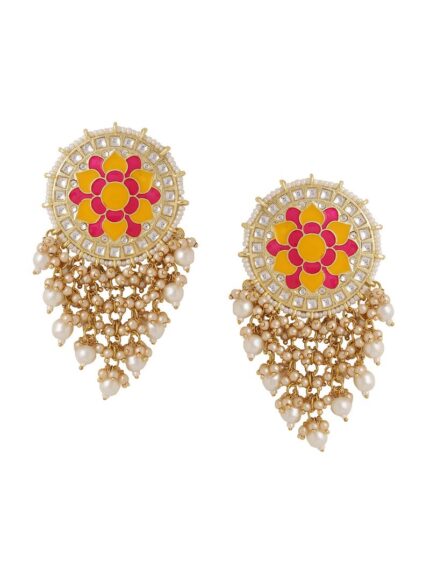 Flower Pattern Yellow and Pink Meenakari Drop Earrings for Womens