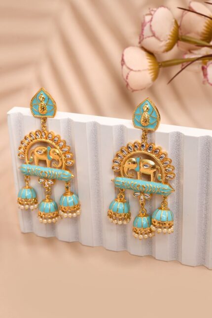 Elephant Shape Sky Blue Jhumki Drop Earrings for Womens