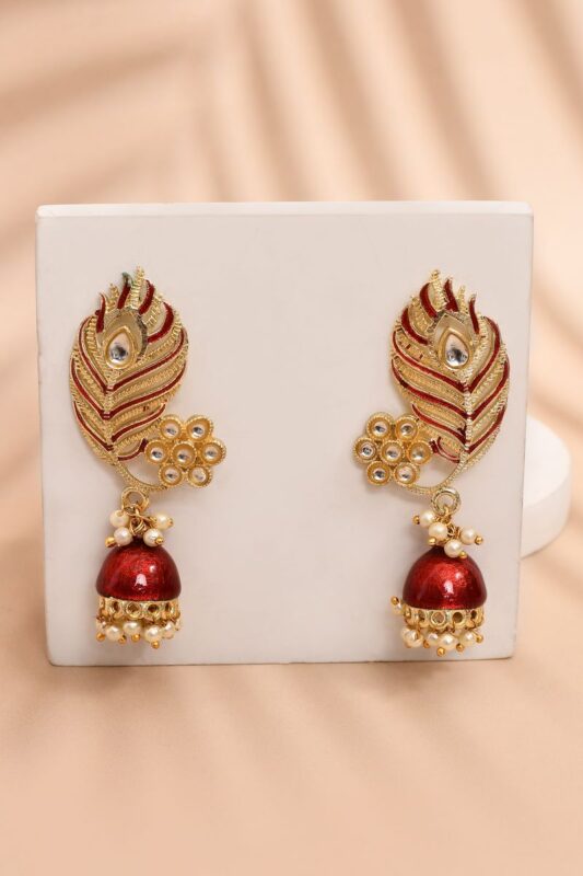 Peacock Feather Pattern Maroon Jhumki Drop Earrings for Womens