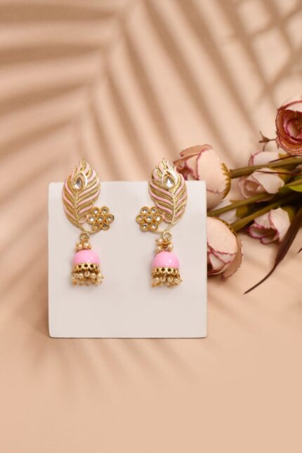 Peacock Feather Pattern Light Pink Jhumki Drop Earrings for Womens
