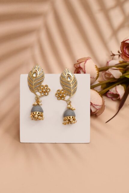 Peacock Feather Pattern Gray Jhumki Drop Earrings for Womens