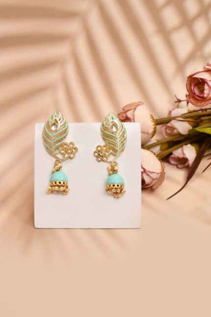Peacock Feather Pattern Sky Blue Jhumki Drop Earrings for Womens