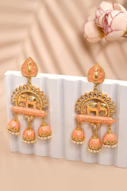 Elephant Shape Orange Jhumki Drop Earrings for Womens