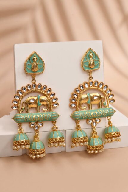 Elephant Shape Light Green Jhumki Drop Earrings for Womens