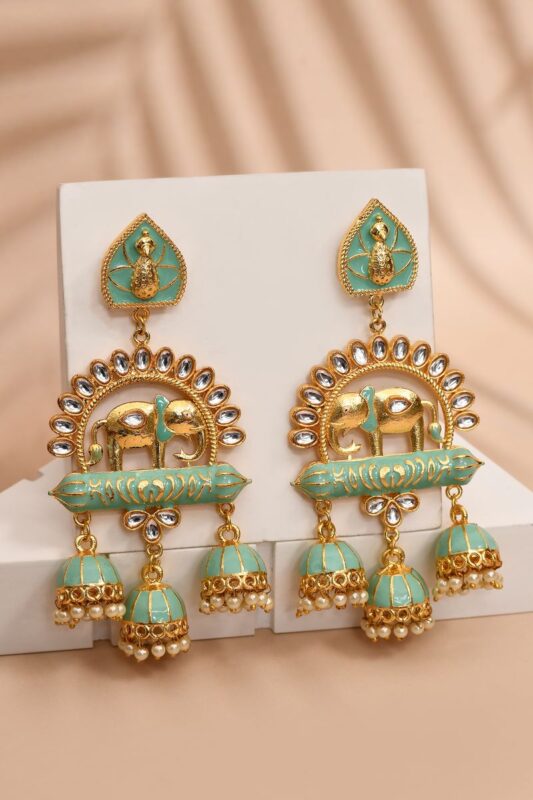 Elephant Shape Light Green Jhumki Drop Earrings for Womens