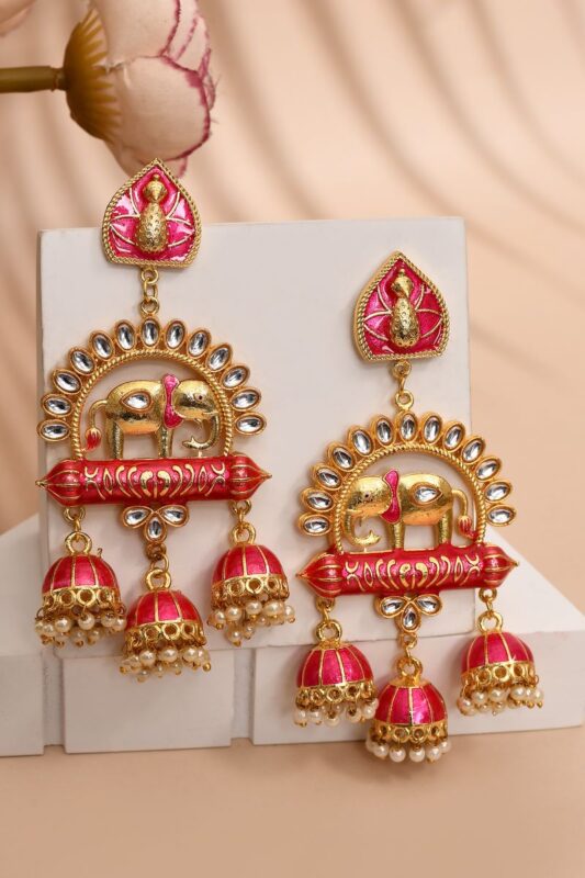 Elephant Shape Dark Pink Jhumki Drop Earrings for Womens