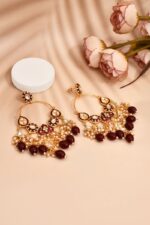 Maroon Hoops Kundan Earrings for Womens