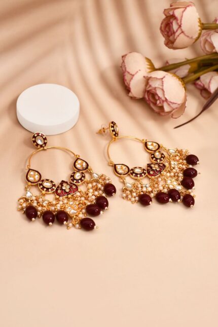 Maroon Hoops Kundan Earrings for Womens