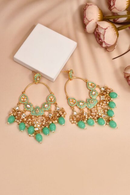 Light Green Hoops Kundan Earrings for Womens