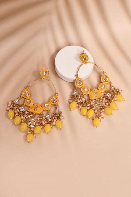 Yellow Hoops Kundan Earrings for Womens