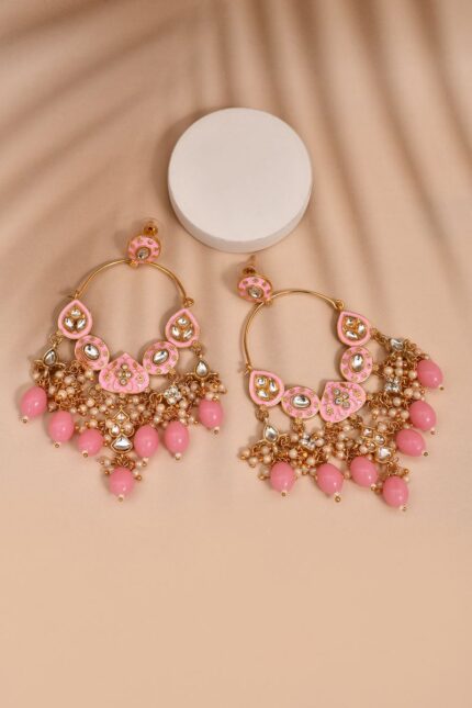 Light Pink Hoops Kundan Earrings for Womens