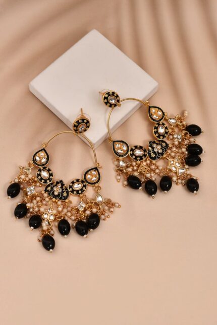 Black Hoops Kundan Earrings for Womens