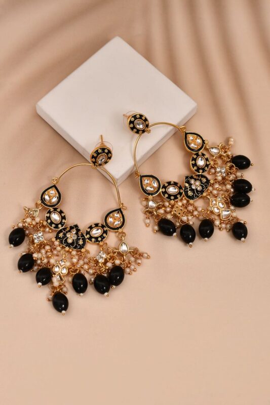 Black Hoops Kundan Earrings for Womens