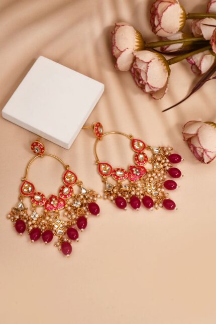 Pink Hoops Kundan Earrings for Womens