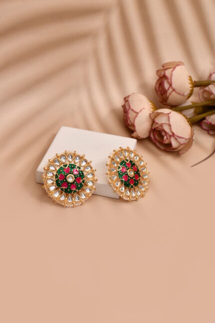 Peacock Green and Pink Stud Earring Tops for Womens