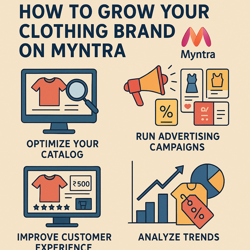 Visual guide showing how fashion brands can increase visibility and sales on Myntra by improving product listings and custome